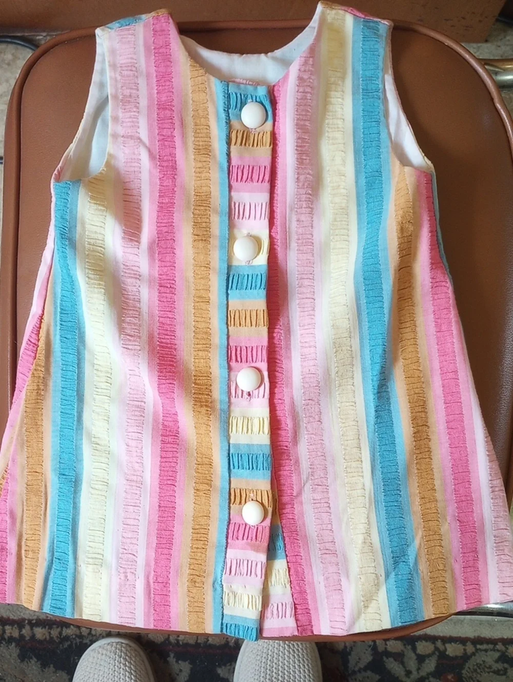 Buster Brown Colorful Vintage Seersucker Striped Dress. Pink Yellow Blue Brown